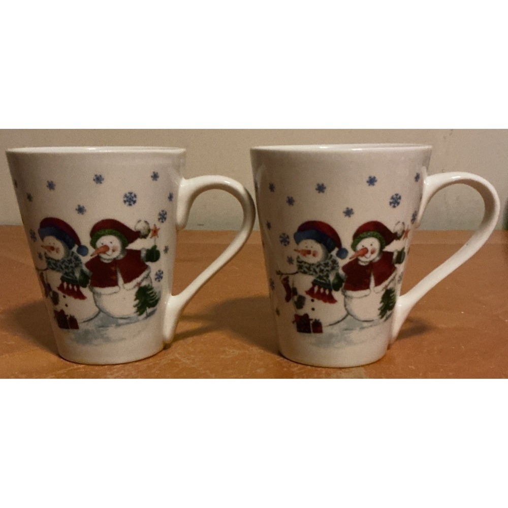 Holiday Snowman Ceramic Stoneware Coffee Mugs, Set Of 2